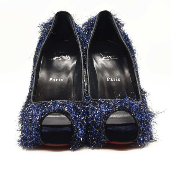 NEW $850 EU 38 Christian Louboutin Very Prive 120 Peep Toe Blue Metallic Threads - Picture 3 of 10